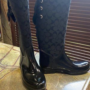 Women's Coach Tristee Tall Lace Up Rain Boots Shoes Size 8 Black Classic Canvas